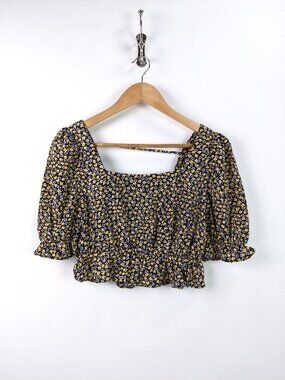 PIECES Womens Floral Print Square Neck Puff Sleeve Crop Top Black Yellow Size S